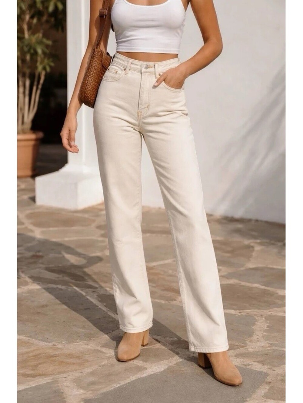 Reformation Cowboy High Rise Straight Wide Leg Jeans Almond sz 26 Coastal